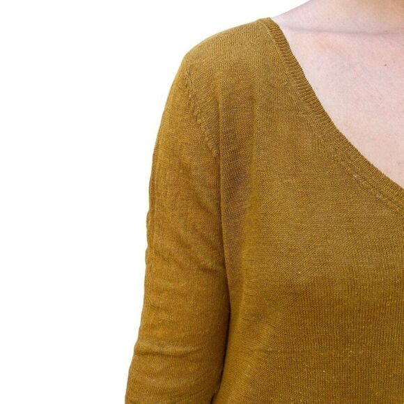 Eileen Fisher Womens Mustard Yellow Knit Linen Silk V neck Mini Dress Sz M - Picture 2 of 6